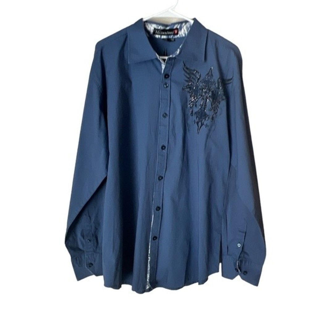 Victorious Men Button Up Shirt Blue Embroidered Rhinestones 2XL‎
